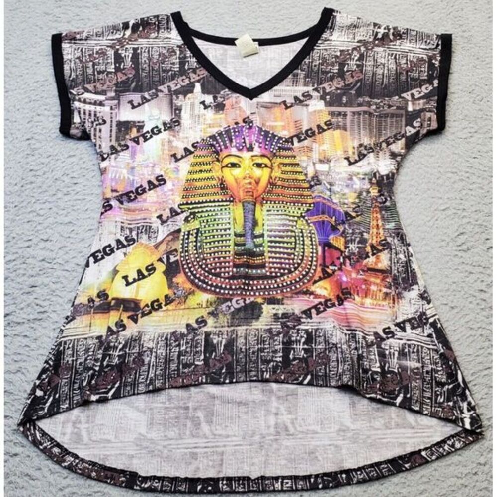 One Fashion Tee Shirt Top Women's S‎ Multi Pharaoh King V Neck High Low Pullover